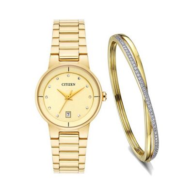 Ladies Gold tone bracelet stainless steel watch with bangle eu6012-58p set